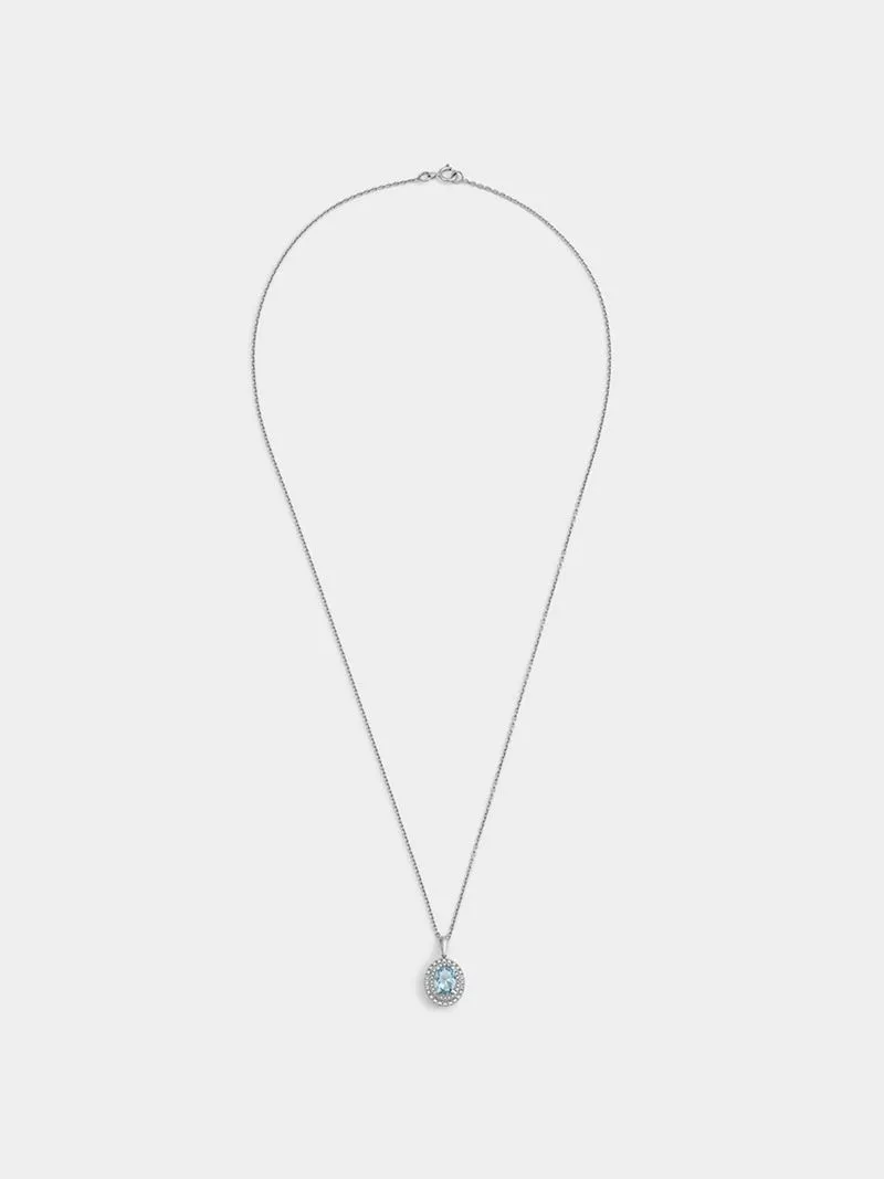 Sterling Silver Diamond & Created Aquamarine Oval Halo Pendant