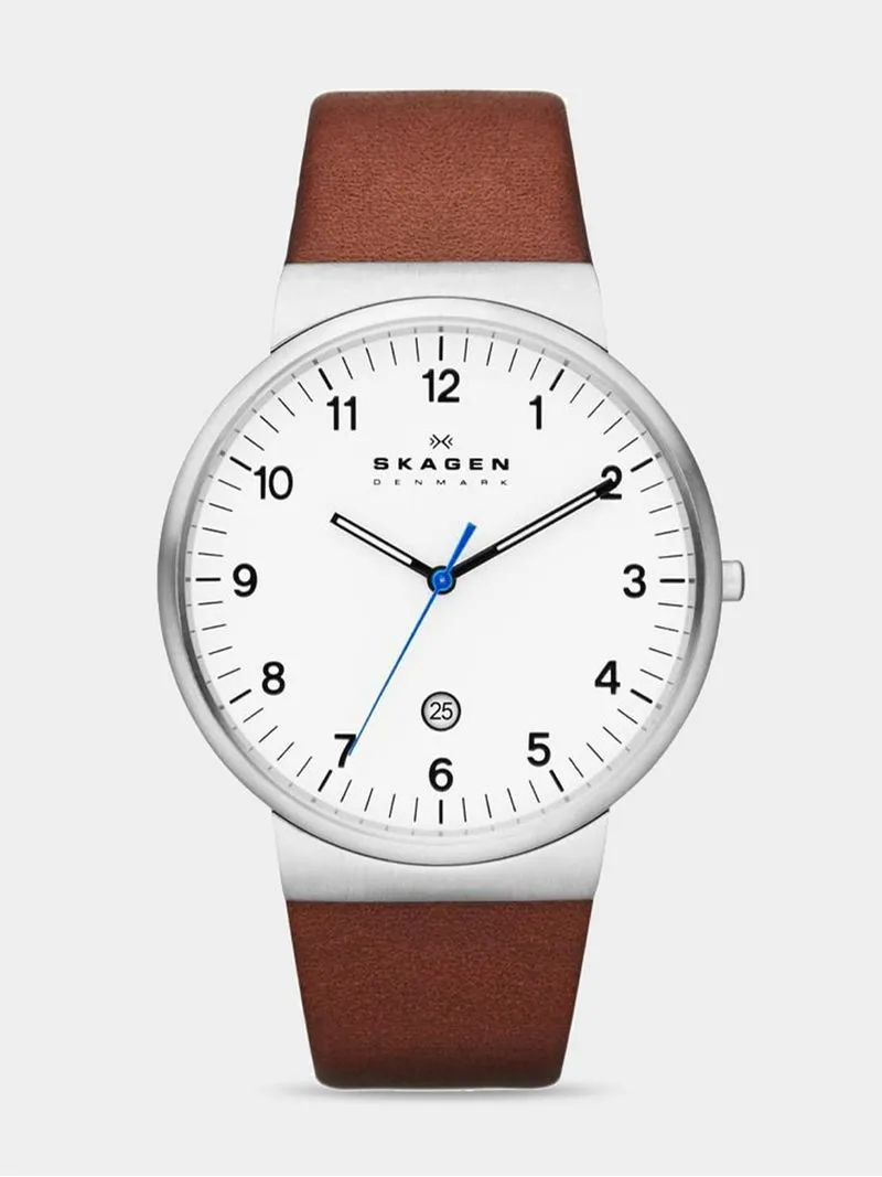 Skagen Men's Ancher Silver Plated Stainless Steel & Brown Leather Watch