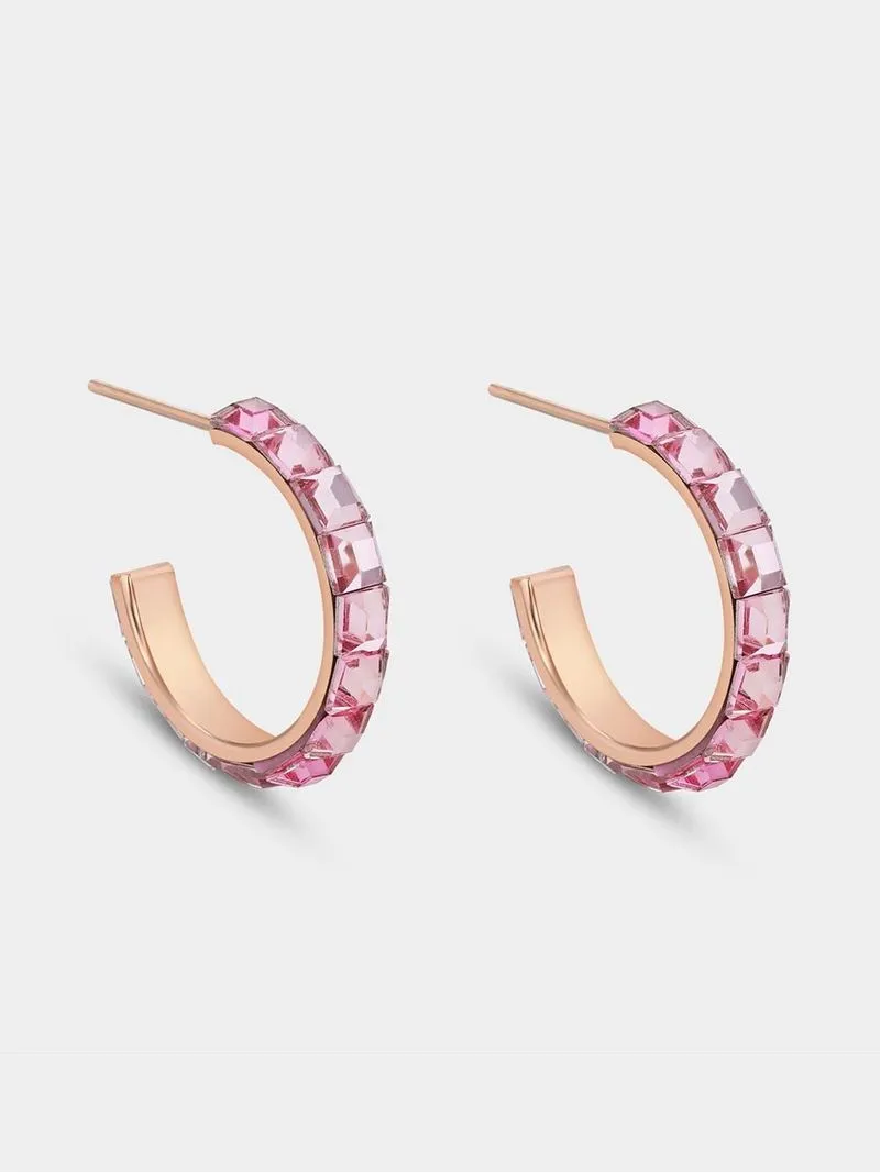 Rose Gold with Pink Crystal Open End Hoop Earrings