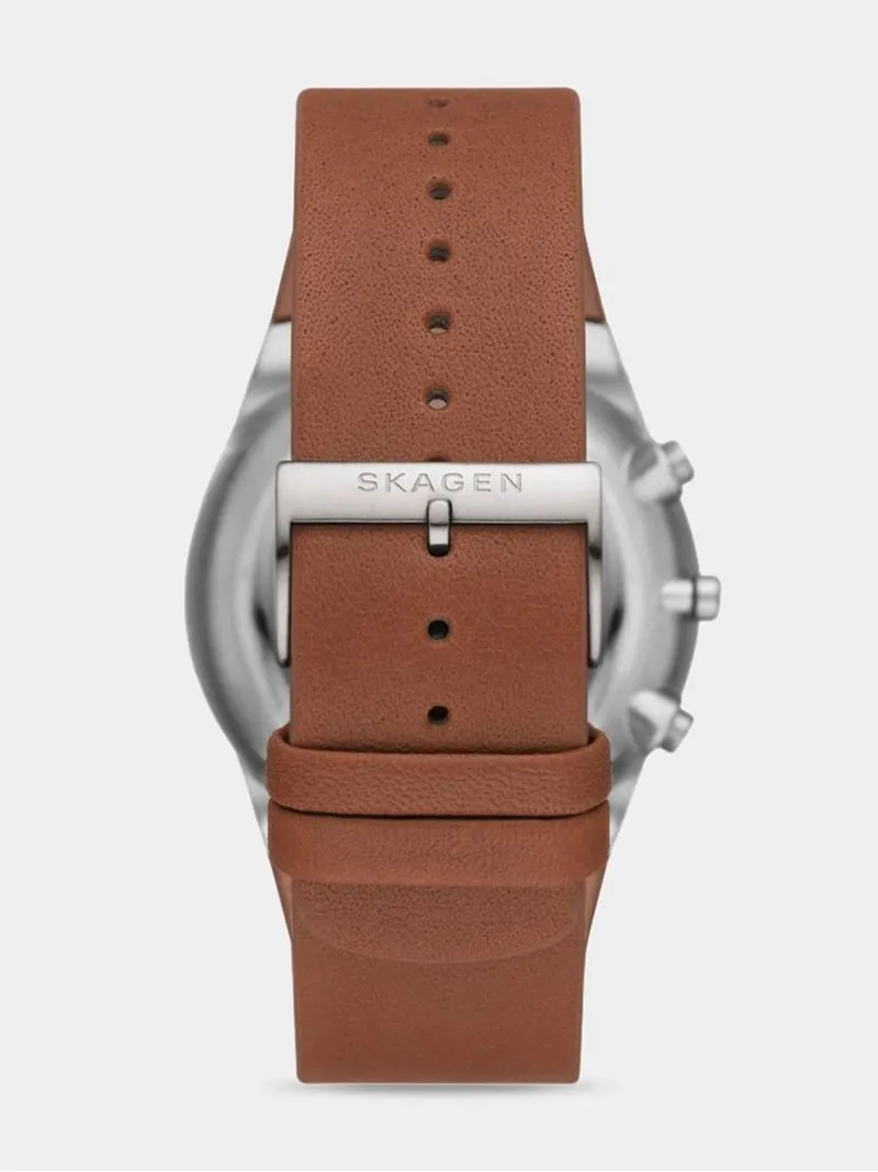 Skagen Men's Melbye Chronograph Silver Plated Stainless Steel & Brown Leather Watch