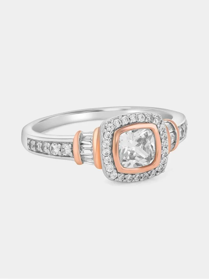 Cheté Rose Plated Sterling Silver Cubic Zirconia Cushion Halo Ring