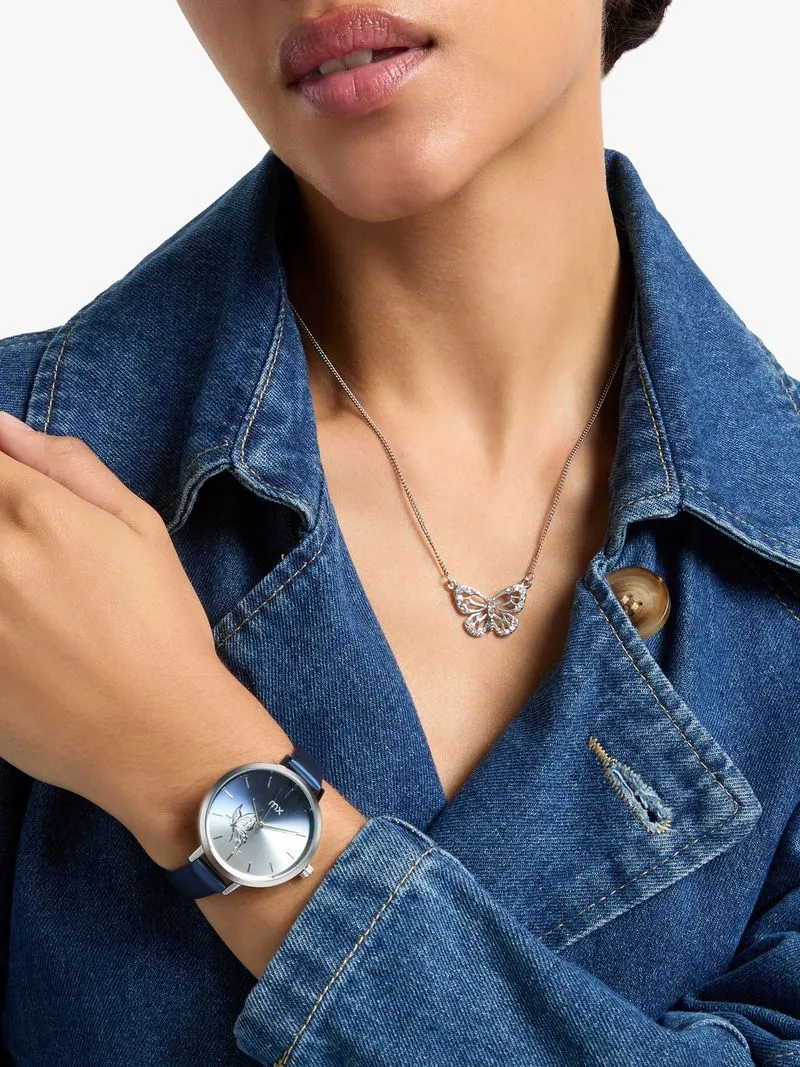 MX Women’s Silver Plated Blue Faux Leather Butterfly Watch & Necklet Set