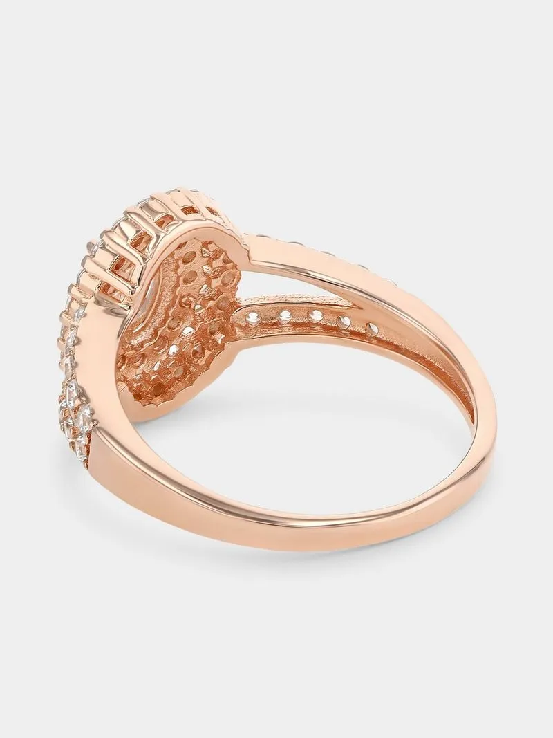 Rose Plated Sterling Silver Morganite Cubic Zirconia Oval Halo Flower Ring