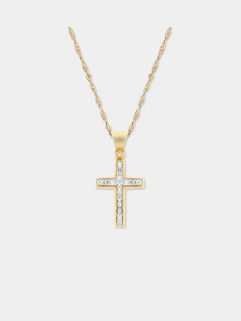 Yellow Gold & Sterling Silver, Modern Cubic Zirconia Cross Pendant on chain