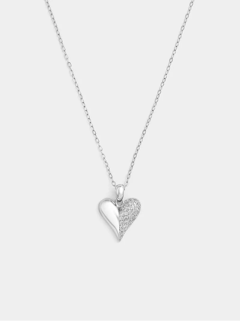 Sterling Silver Cubic Zirconia Half Pavé Heart Pendant