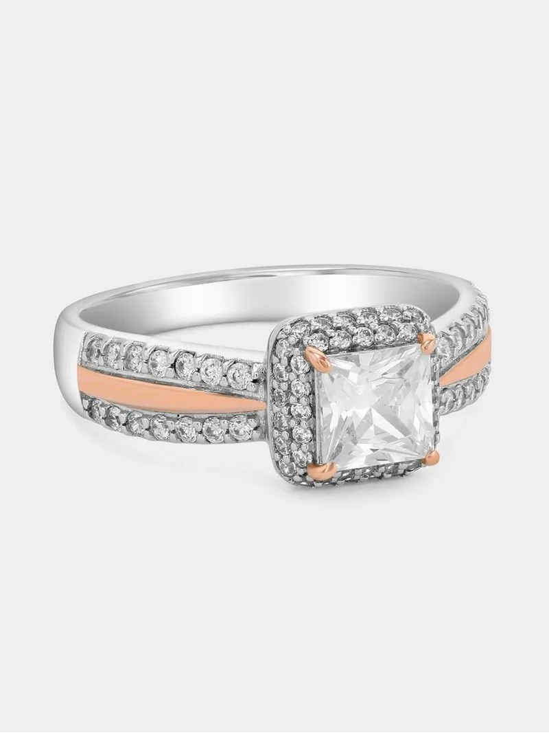 Cheté Rose Plated Sterling Silver Cubic Zirconia Princess Halo Ring