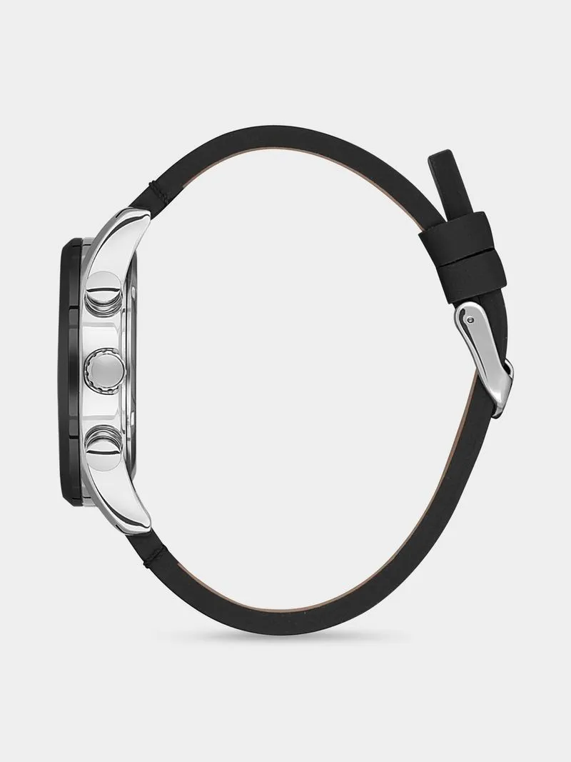 Daniel Klein Silver & Black Plated Grey Dial Black Leather Watch