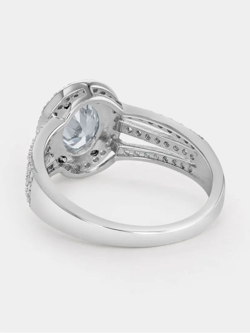 Yellow Gold & Sterling Silver, Cubic Zirconia Oval Halo Trip side design Ring