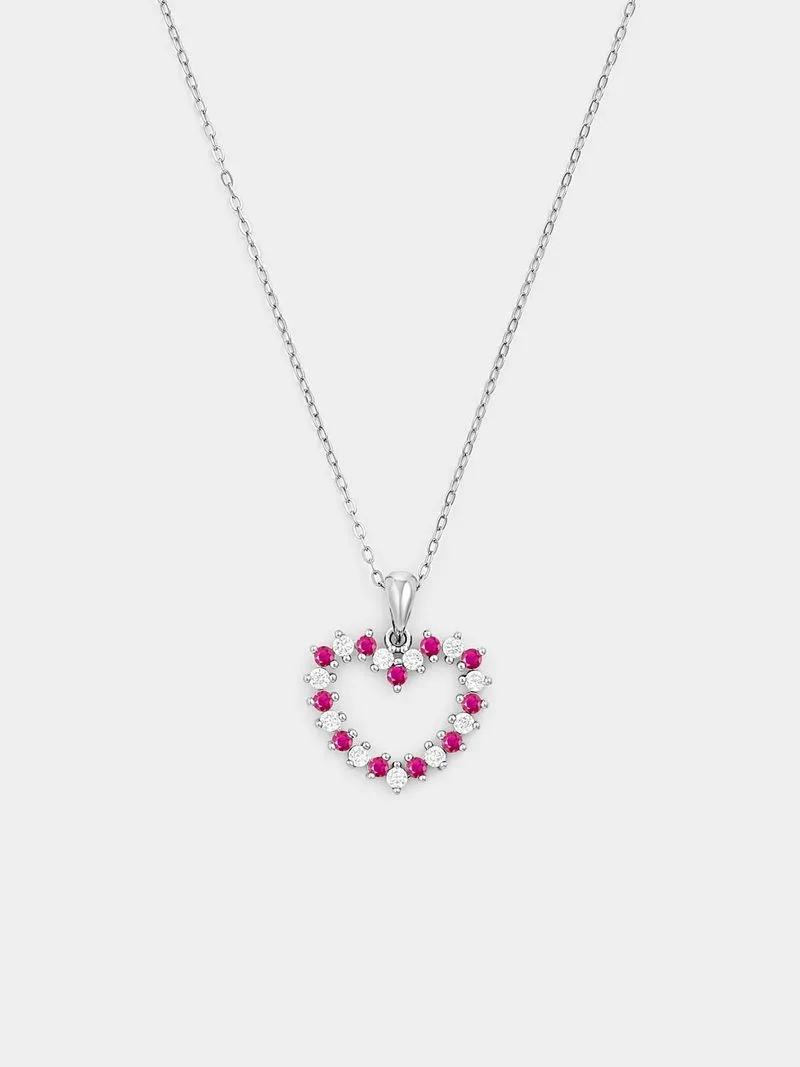 Sterling Silver Pink & White Cubic Zirconia Open Heart Pendant