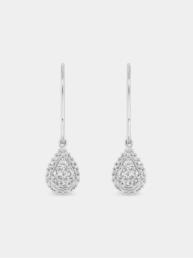 Sterling Silver Diamond & Created Sapphire Pear Cluster Halo Drop Earrings