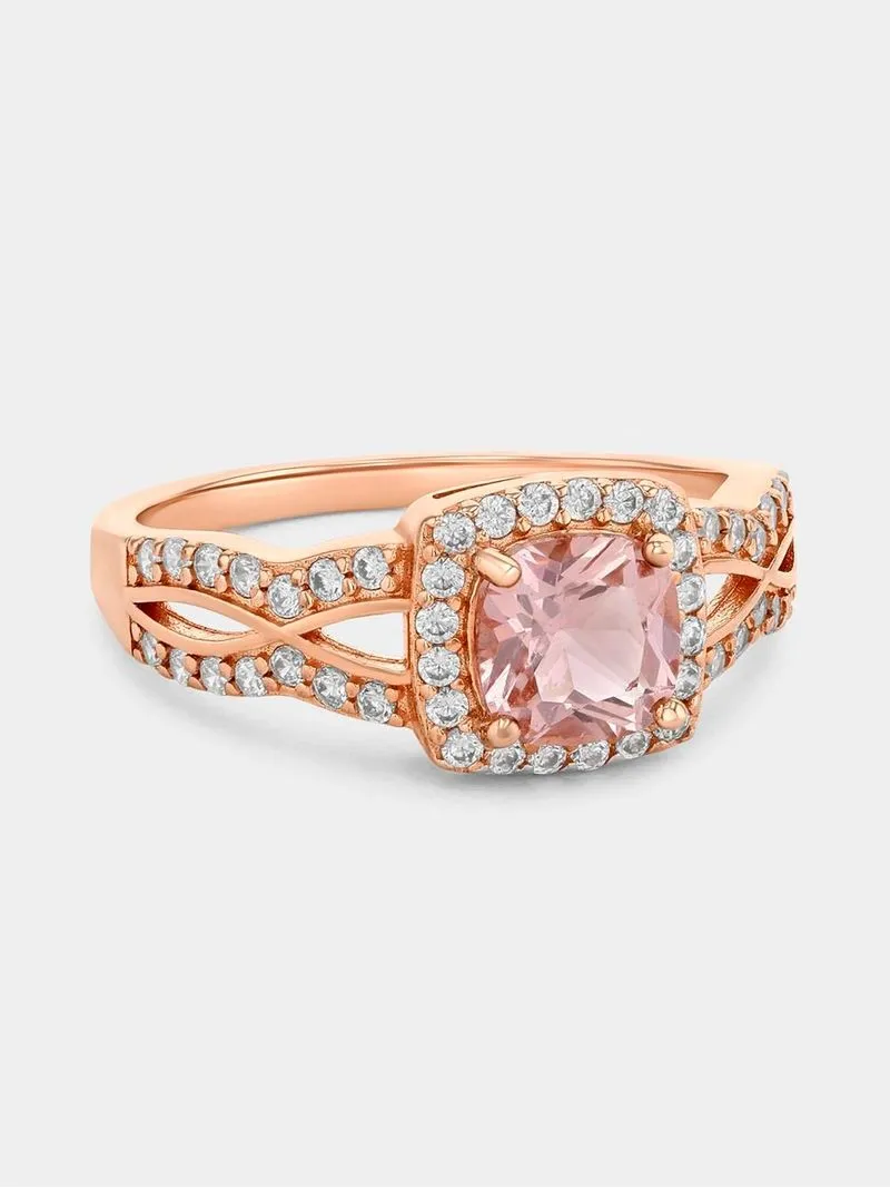 Rose Plated Sterling Silver Morganite Peach Cubic Zirconia Cushion Ring