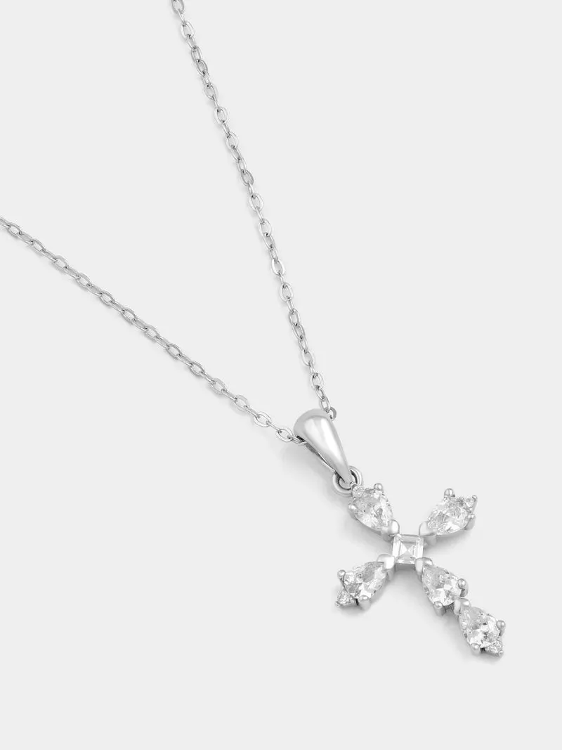 Sterling Silver Cubic Zirconia Pear Cross Pendant Off Chain