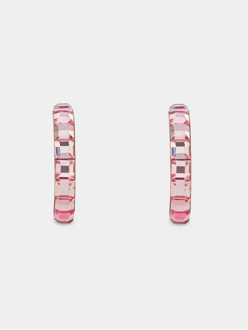 Rose Gold with Pink Crystal Open End Hoop Earrings