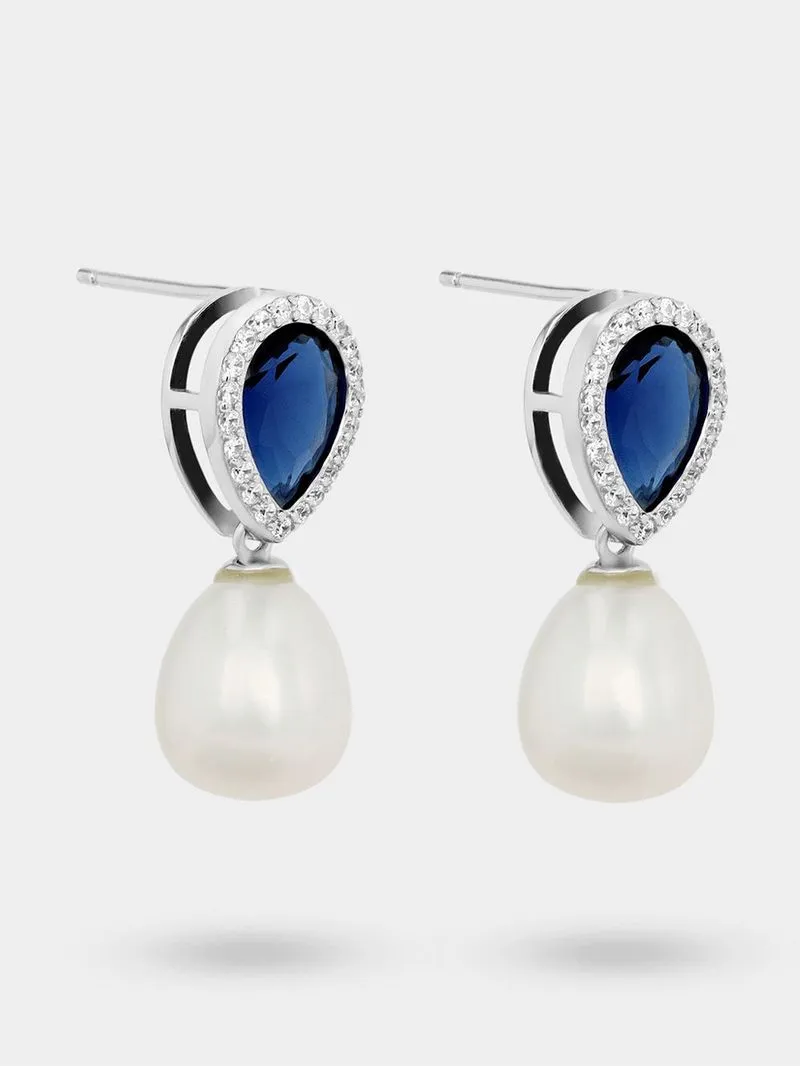 Sterling Silver Freshwater Pearl & Blue Cubic Zirconia Drop Earrings