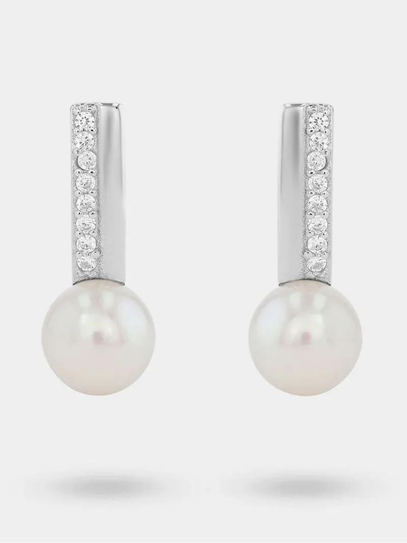 Sterling Silver Freshwater Pearl & Cubic Zirconia Bar Women's Earrings