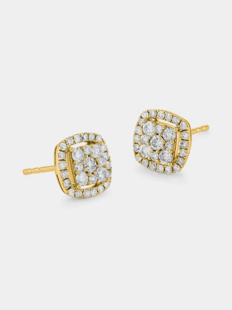 Yellow Gold 0.50ct Diamond Cushion Halo Stud Earrings