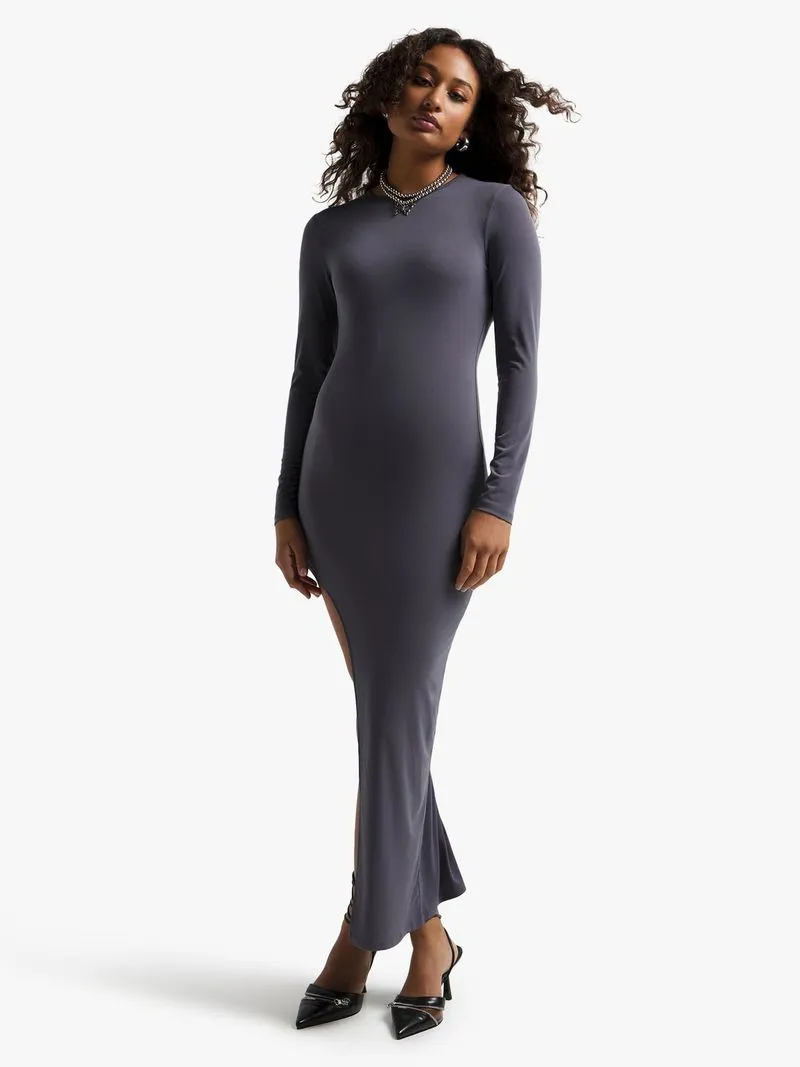 Women's Charcoal Slinky Knit Midi Dress With Side Cutout Slit