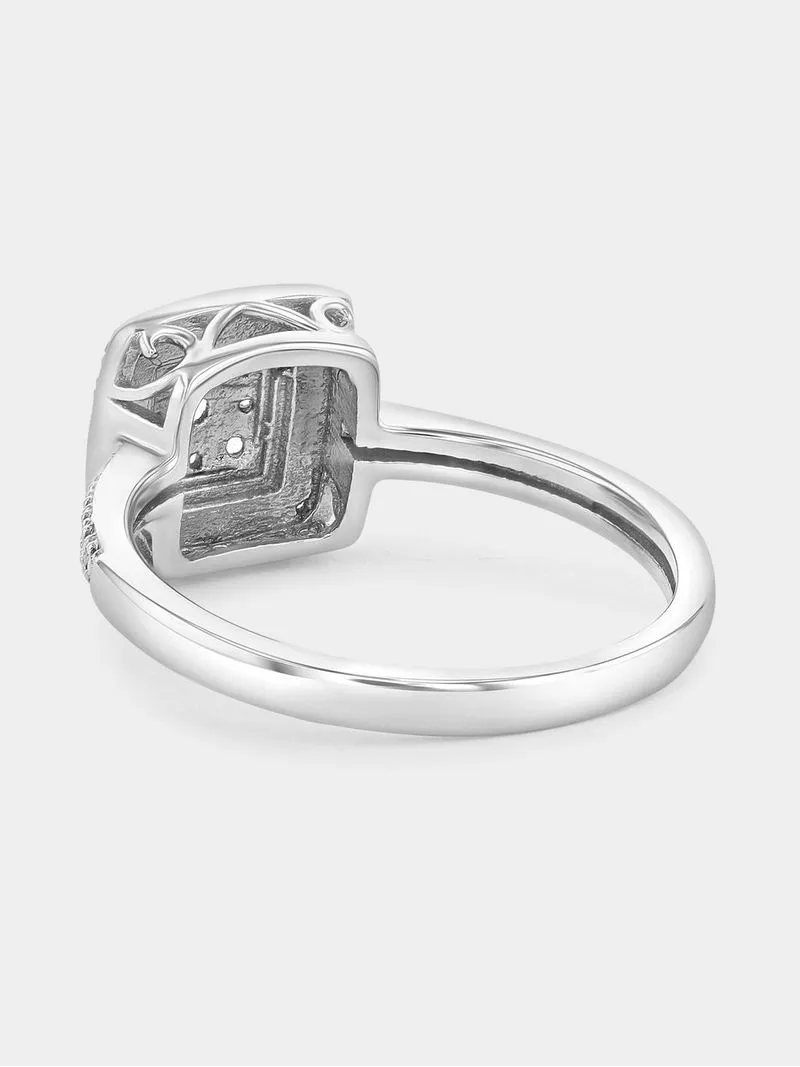 Sterling Silver Diamond & Created Sapphire Cushion Halo Ring