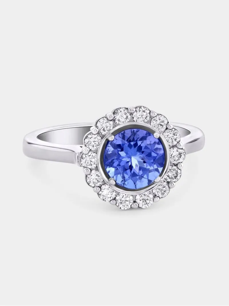 White Gold Diamond & Tanzanite Women’s Round Halo Ring