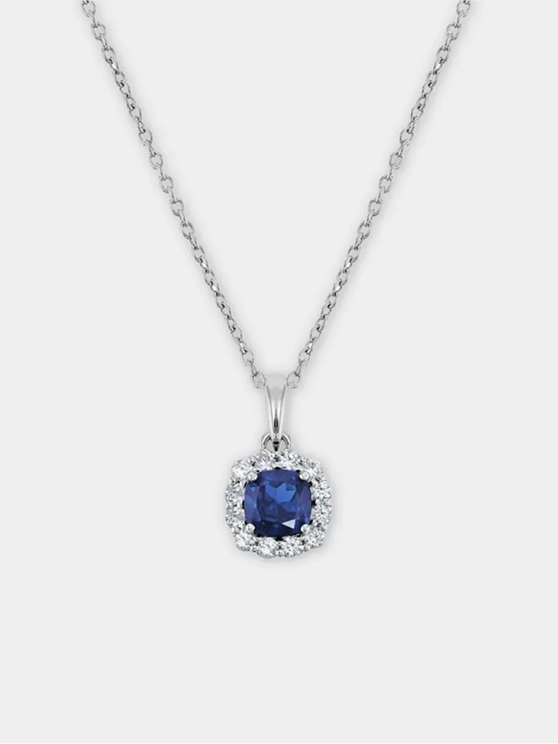 Sterling Silver Diamond & Created Blue Sapphire Cushion Halo Pendant