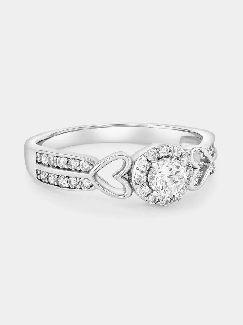 Sterling Silver Cubic Zirconia Round Halo Hearts Ring