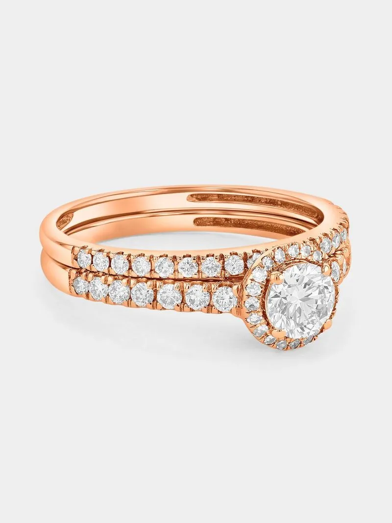 Rose Gold 1ct Lab Grown Diamond Round Halo Twinset Ring