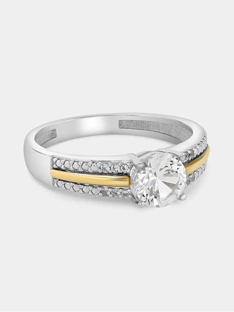 Yellow Gold & Sterling Silver Diamond & Created Sapphire Round Pavé Split Ring