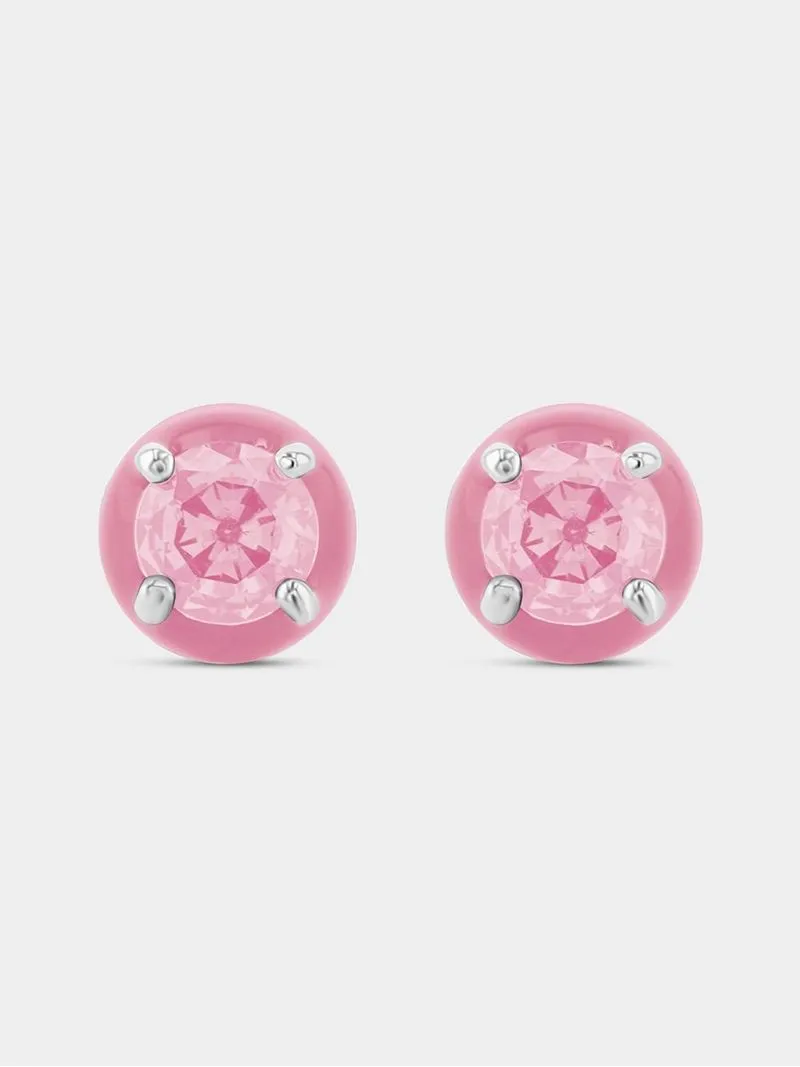 Sterling Silver Pink Cubic Zirconia Enamel Stud Earrings