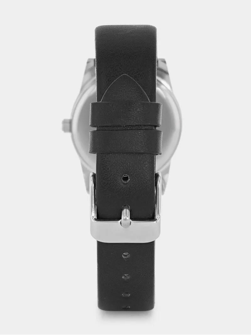 Tempo Women’s Silver Plated Black Dial Black Leather Watch
