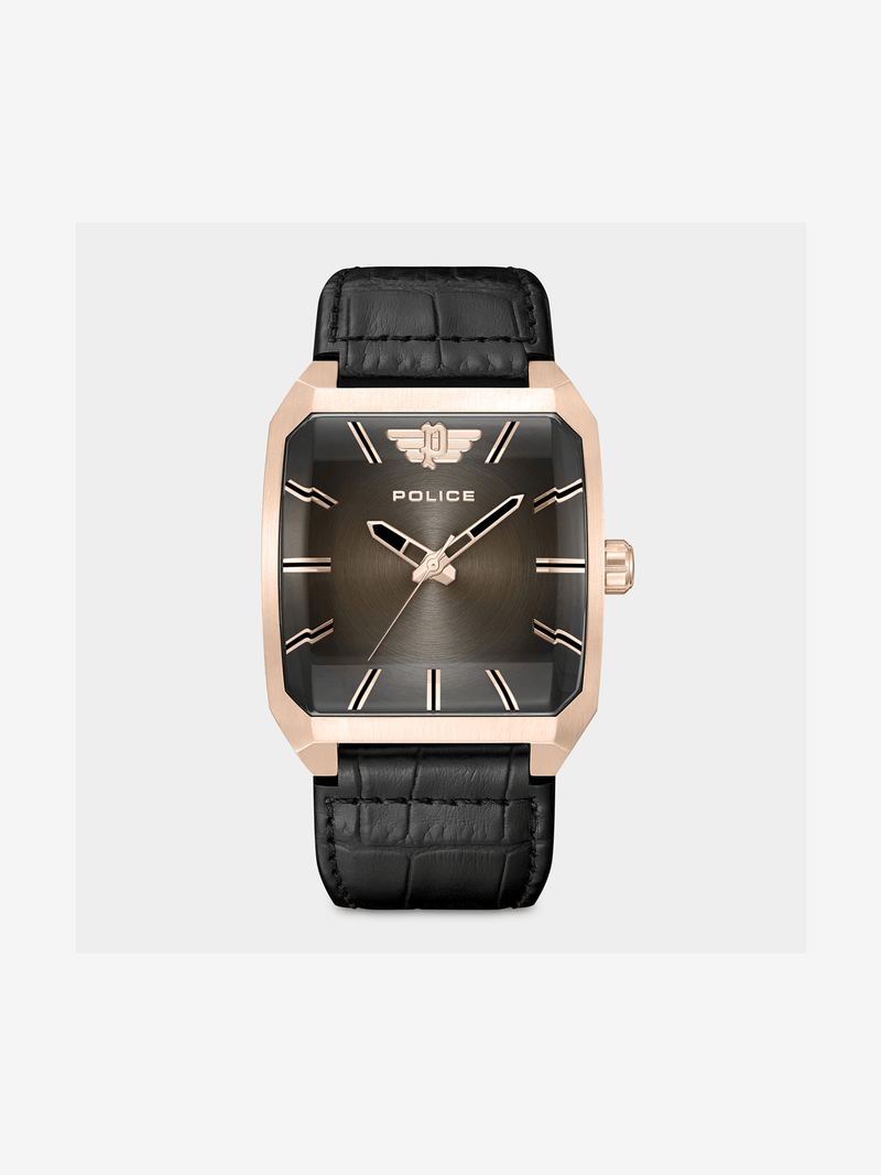 Police Omaio Rose Plated Stainless Steel Black Leather Watch