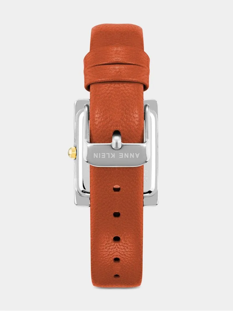 Anne Klein Silver & Gold Plated Rectangular Rust Leather Watch