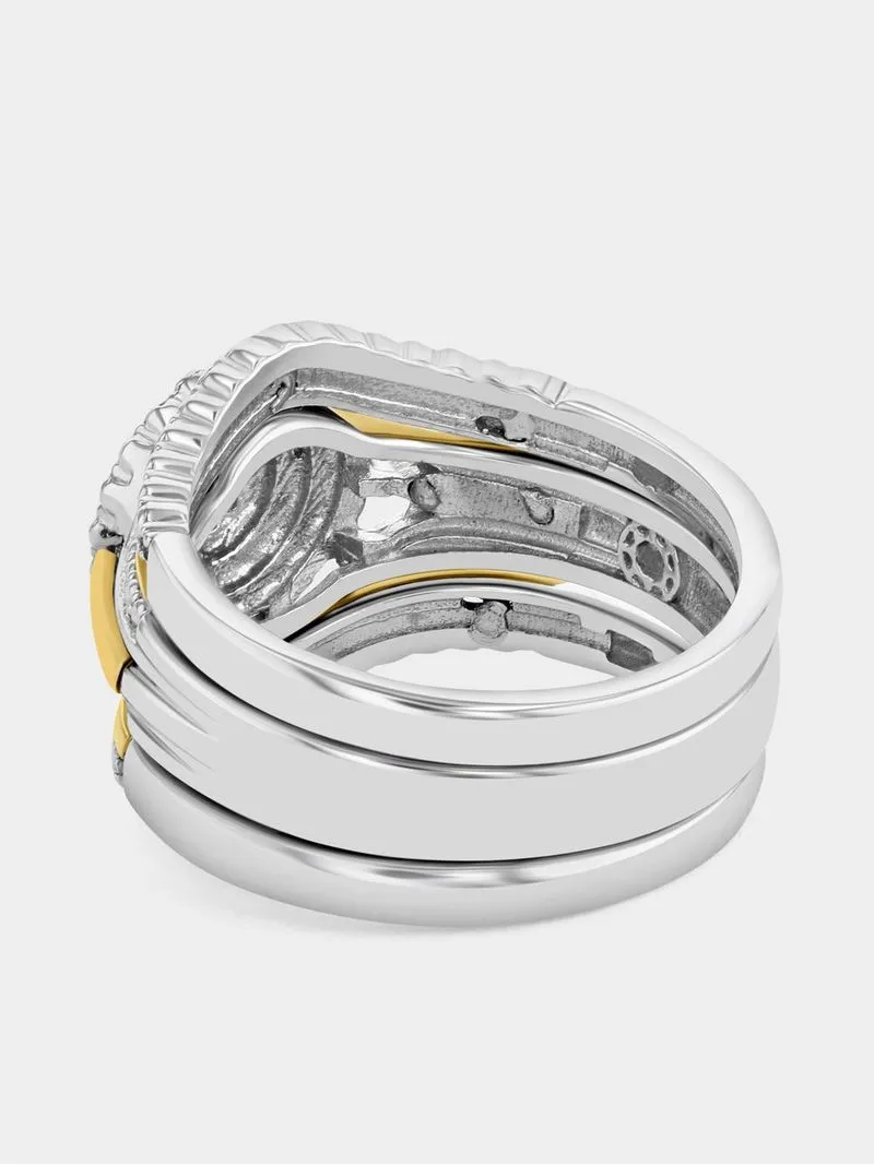 Yellow Gold & Sterling Silver Diamond & Created Sapphire Round Halo Triple Set Ring