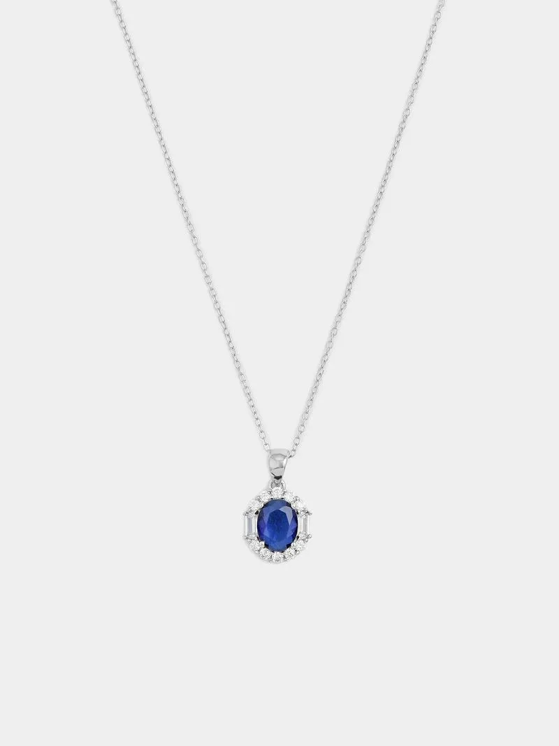 Sterling Silver Sapphire Blue Cubic Zirconia Oval Halo Pendant