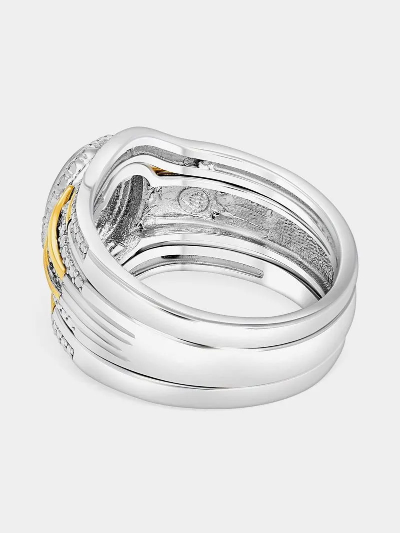 Yellow Gold & Sterling Silver Diamond & Created Sapphire Oval Halo Triple Set Ring