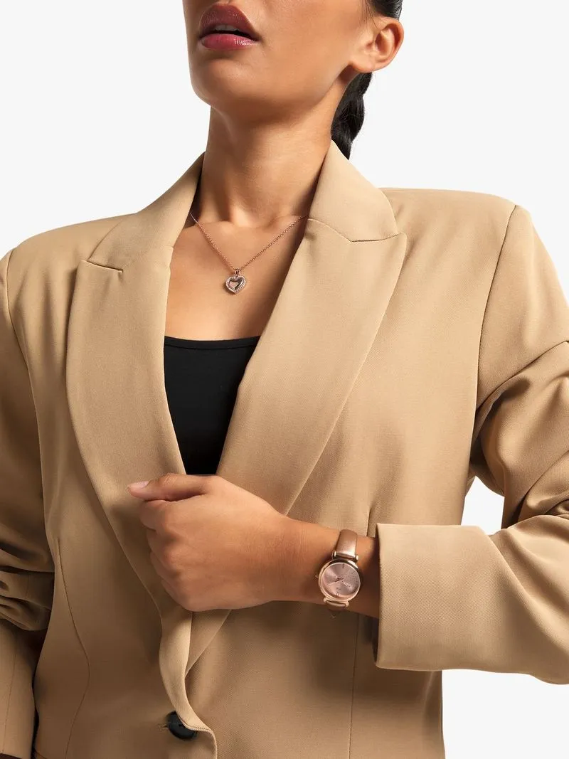 MX Women’s Rose Plated Light Brown Leather Watch & Pendant Set