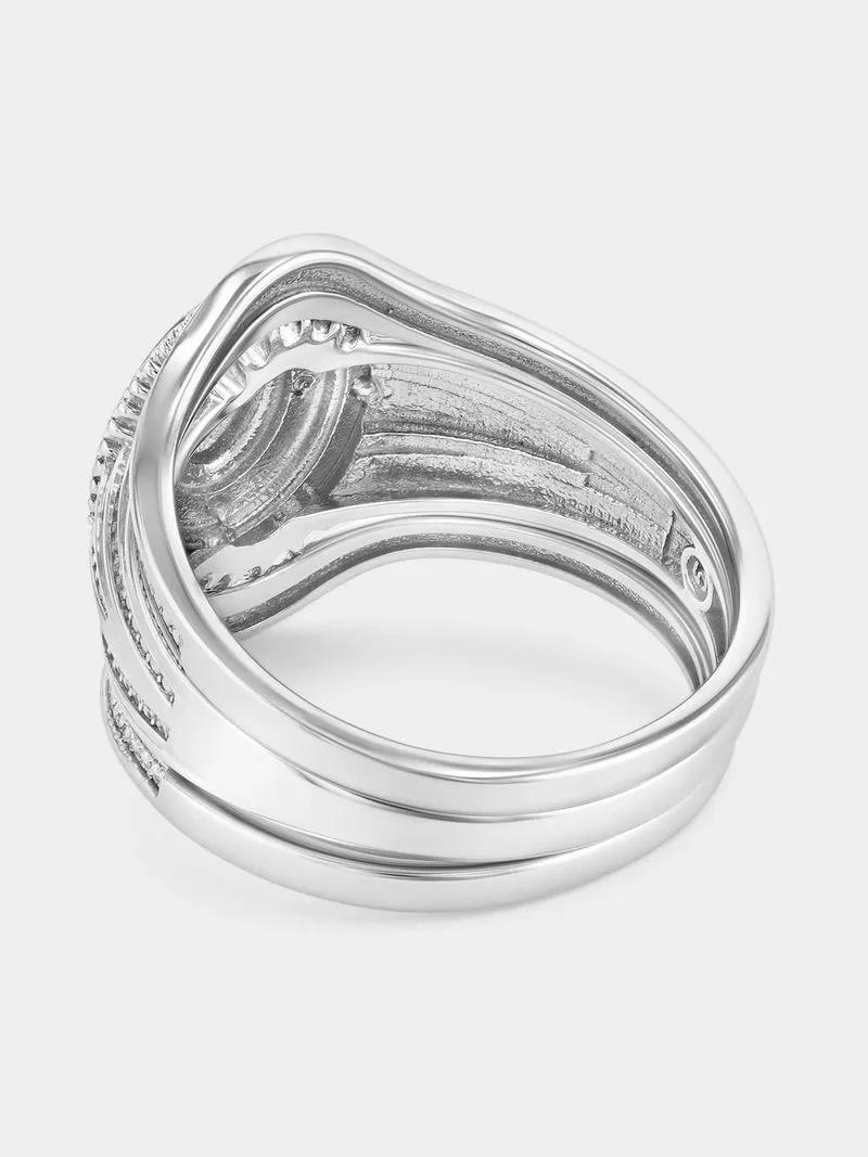 Yellow Gold & Sterling Silver Diamond & Created Sapphire Oval Halo Triple Set Ring