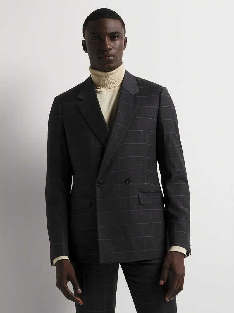 Men's Markham Slim Double Breasted Windowpane Check Grey Suit Jacket