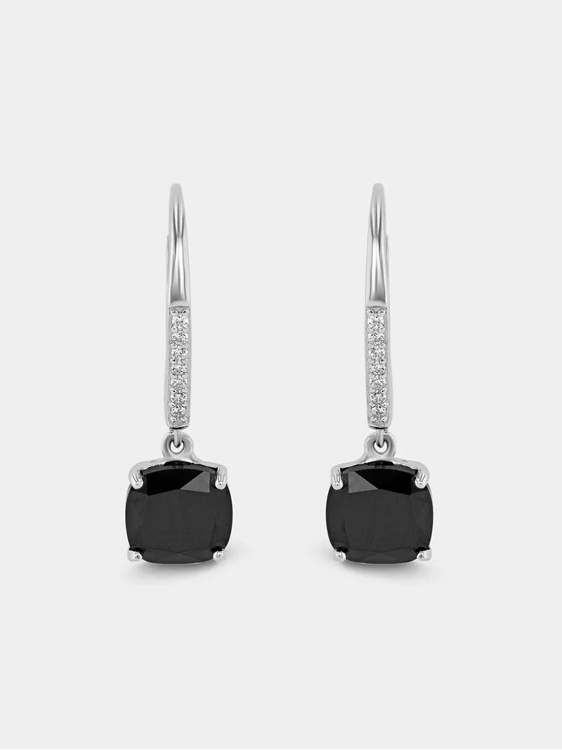 Sterling Silver Black & White Cubic Zirconia Cushion Drop Earrings