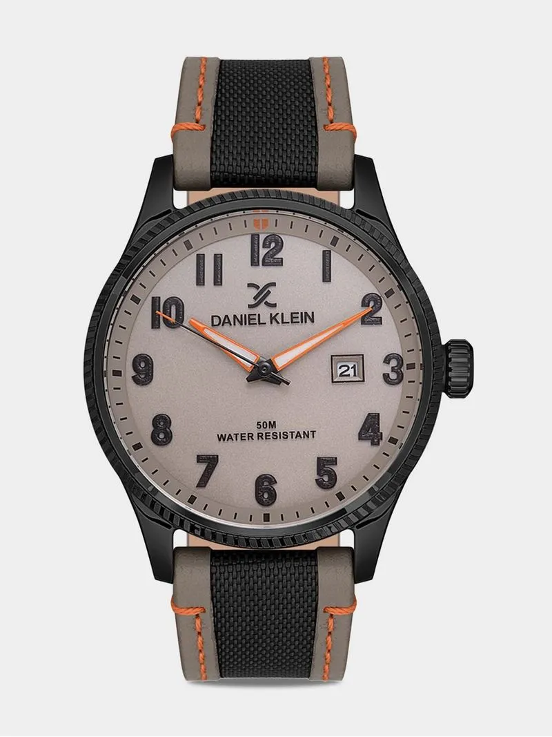 Daniel Klein Black Plated Beige Dial Brown & Black Leather Watch