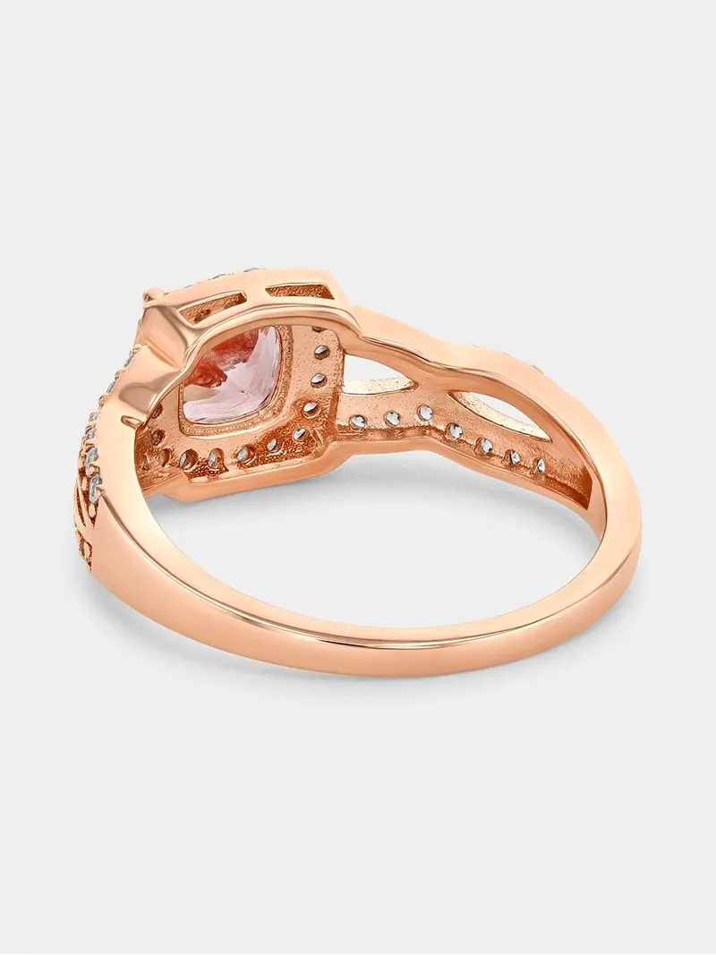 Rose Plated Sterling Silver Morganite Peach Cubic Zirconia Cushion Ring