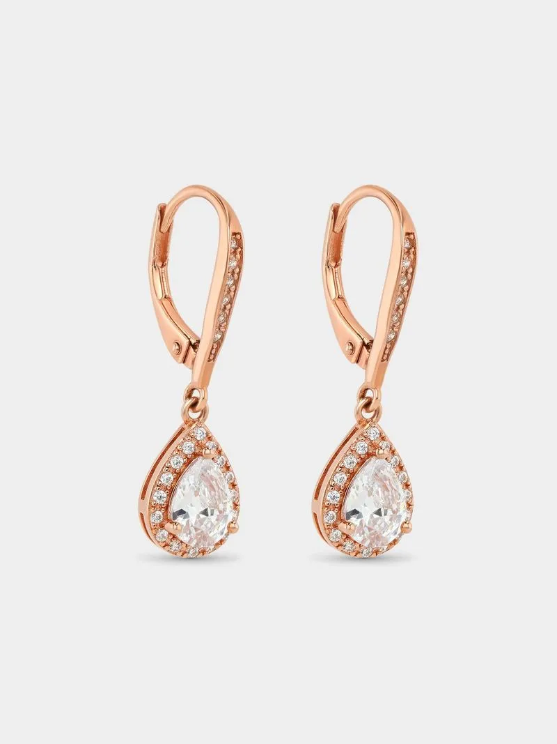 Rose Gold Plated Sterling Silver Cubic Zirconia Pear Halo Drop Earrings