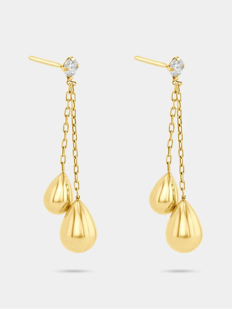 Yellow Gold Women’s Double Ball Tear Drop Earrings