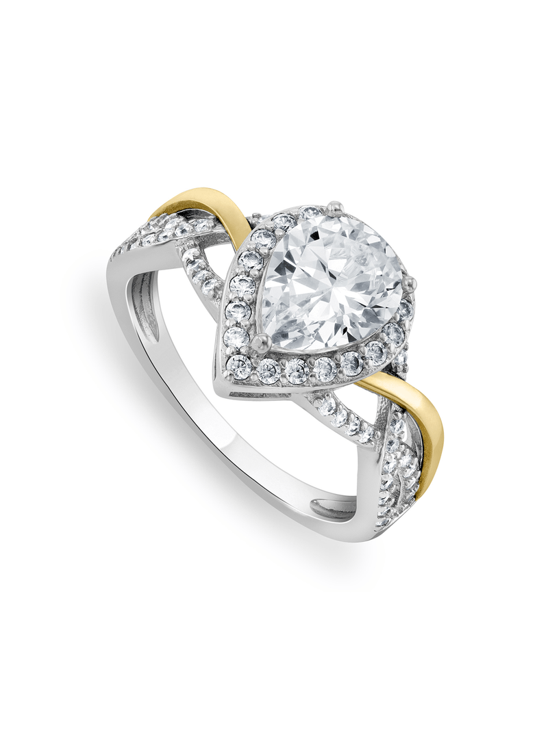 Yellow Gold & Sterling Silver, Cubic Zirconia Pear-shape Halo infinity Ring