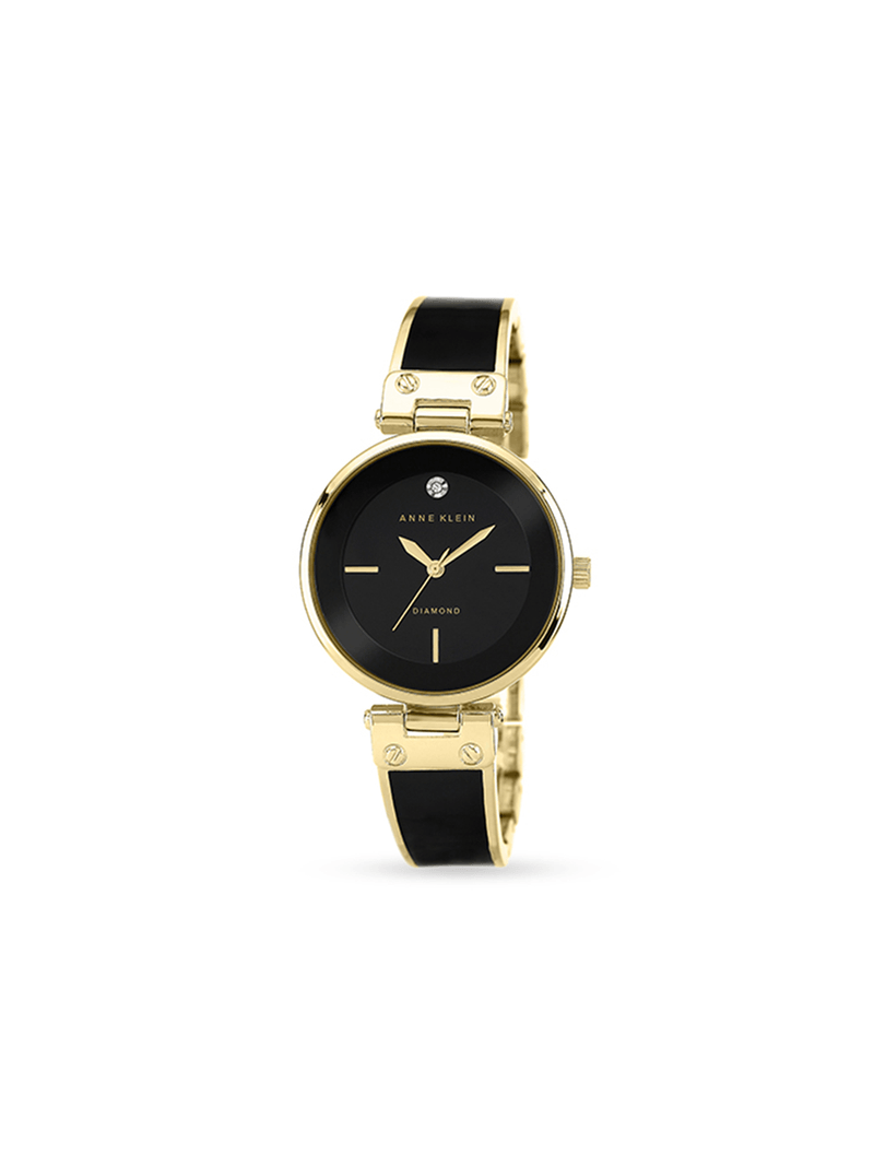 Anne Klein Ladies Genuine Diamond Accented Black & Gold Tone Bangle Watch