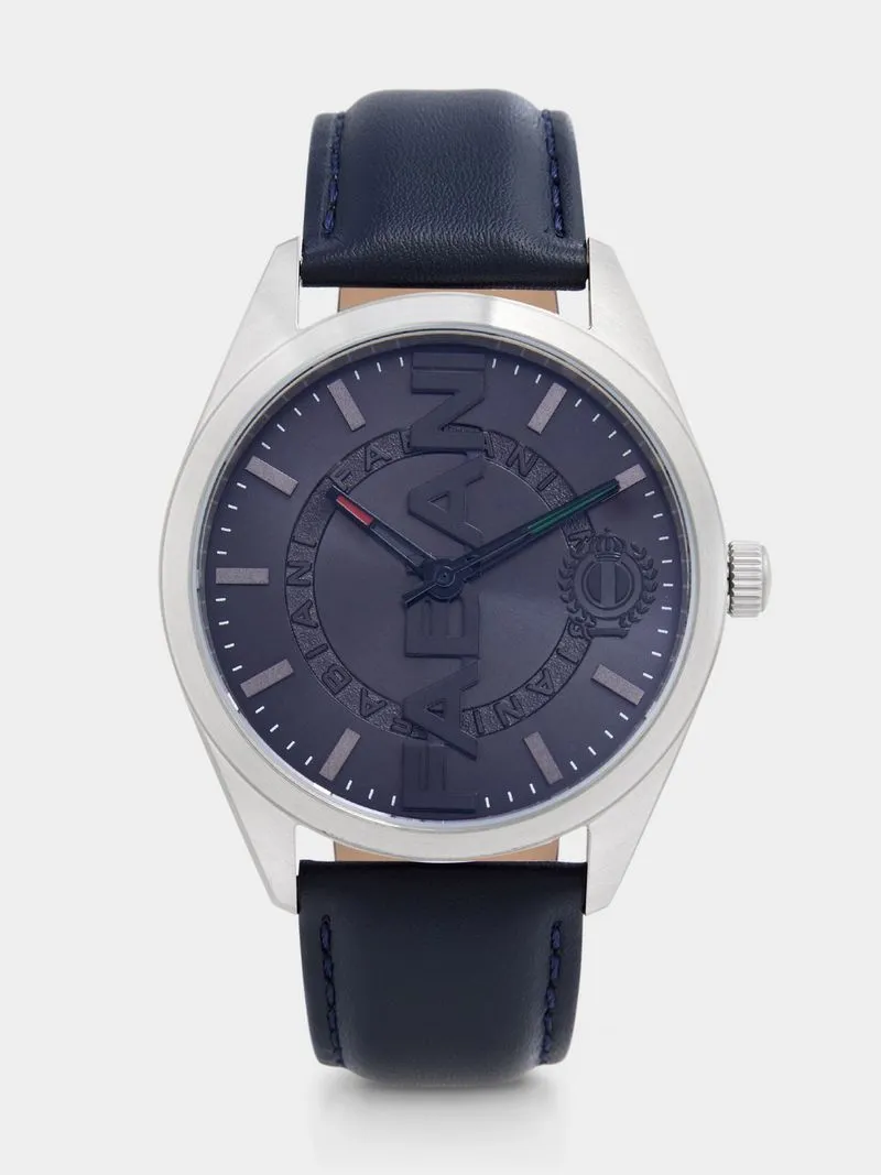 Fabiani Men's Debossed Fabiani Leather Strap Black/Gun Watch
