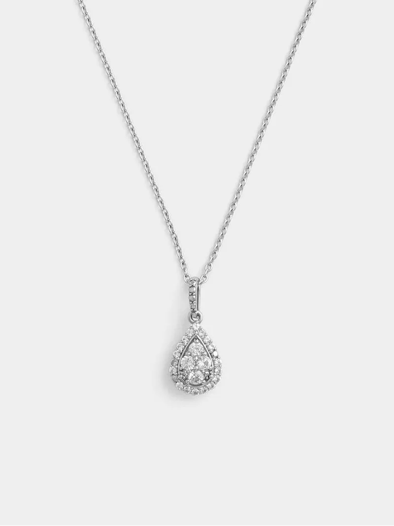 Sterling Silver Diamond & Created Sapphire Pear Cluster Halo Pendant