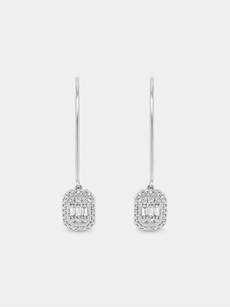 Sterling Silver Diamond & Created Sapphire Cushion Cluster Halo Drop Earrings