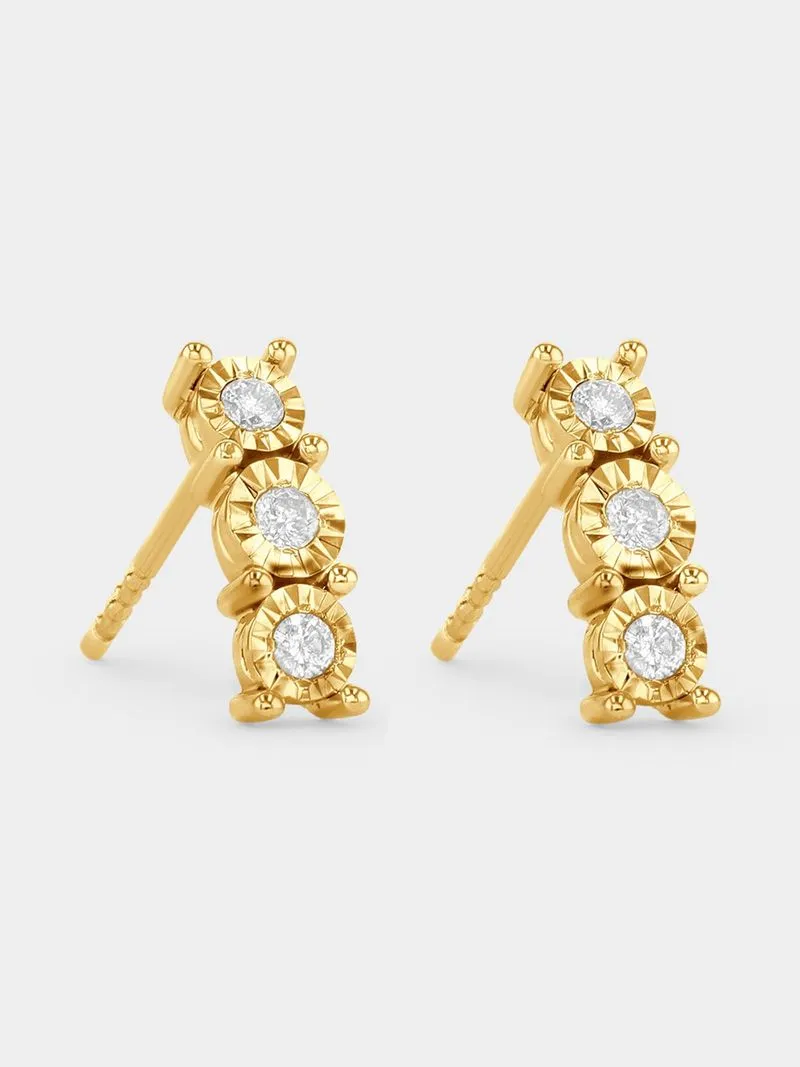 Yellow Gold Diamond Illusion 3-Stone Stud Earrings