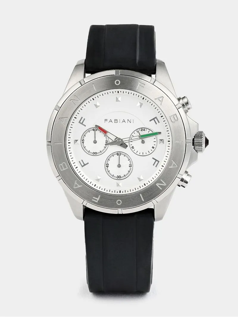 Fabiani Men’s Silver Plated Stainless Steel Multi Dial Black Silicone Watch