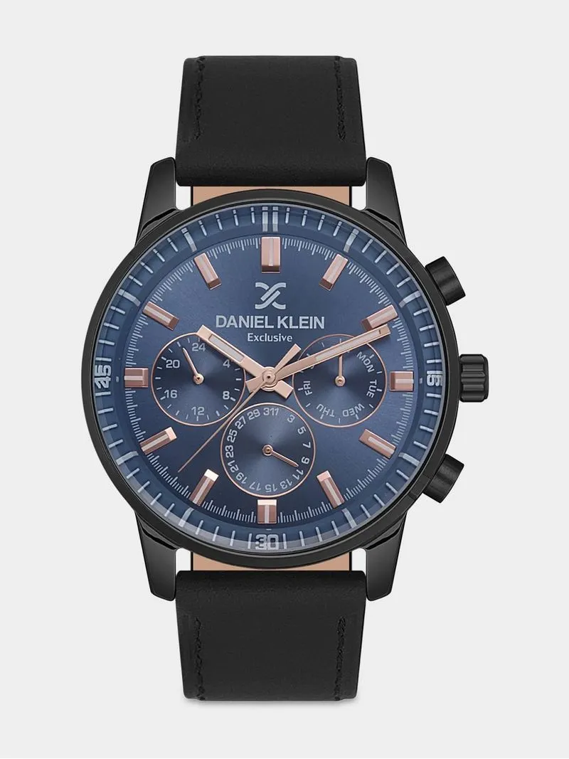 Daniel Klein Black Plated Black Leather Chronographic Watch